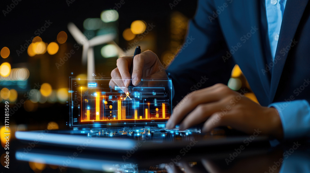Poster innovative engineer analyzing data for sustainable energy solutions at night. city skyline and wind 