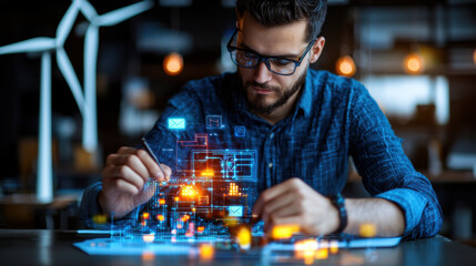Innovative engineer designing sustainable energy solutions with digital tools, showcasing creativity and technology in modern workspace