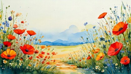 Fototapeta premium watercolor illustration of colorful flowers in wide borders; natural background; decorative art work