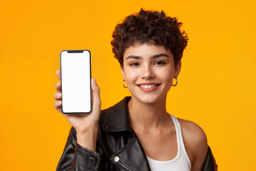 A young stylish pretty girl with short wavy hair, holding and displaying a blank cellphone screen with a bright, cheerful smile in a colorful background