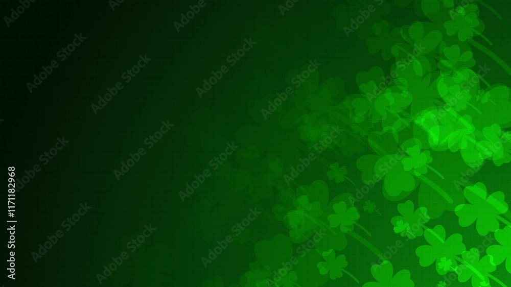 Poster green four-leaf clover shapes are moving from the bottom right of a gradient grid abstract backgroun