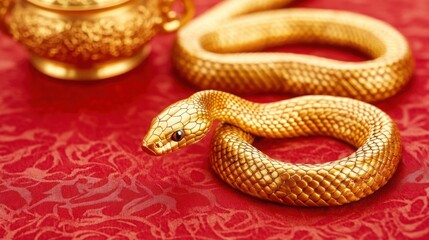 Obraz premium Golden snake figurine coiled elegantly on rich red silk fabric, symbolizing prosperity and good fortune, perfect for decorative purposes and cultural themes