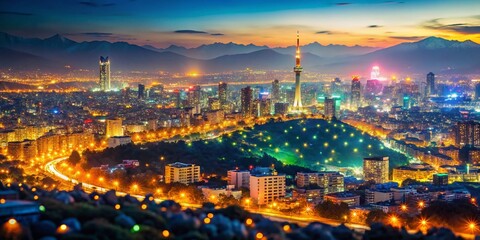 Naklejka premium Tehran Skyline at Night with Bokeh Lights - Iranian Capital City