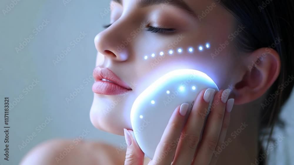 Aufkleber this using a glowing device, a woman enhances her skincare routine in a serene setting at home.