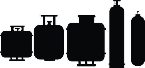 Oxygen cylinder collection vector ,Gass cylinder silhouette,Set of gas tank icons in trendy black flat styles,Lpg propane bottles vectors container, Gas cylinder canister fuel storage symbols isolate