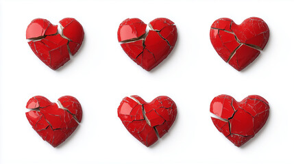 Set of red broken hearts with cracks isolated on white background, Valentines day love romantic decoration