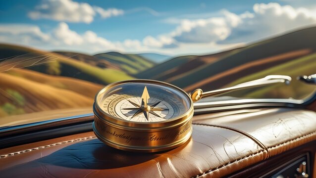 A compass on a car dashboard with a panoramic view of rolling hills ahead