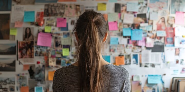 Creative brainstorming session personal workspace photo collection home office rear view inspiration and organization