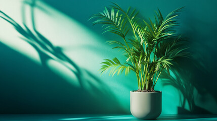 Obraz premium Green indoor plant casting shadows on a turquoise wall in bright sunlight