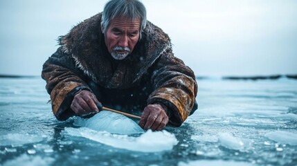Elderly Inuit man carving ice.