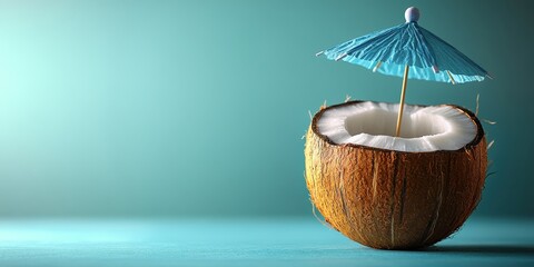 Refreshing coconut drink with umbrella tropical beach food photography bright colors close-up summer vibes
