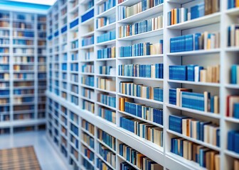 Fototapeta premium Tilt-Shift Miniature Library Bookshelves: White Shelves with Blue Stripes & Stacked Books