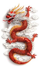 Obraz premium Majestic Red and Gold Chinese Dragon Papercut Artwork Intricate and Ornate Digital Design of Legendary Serpent Creature with Fiery Scales and Ornamental Details Representing Mythology Fantasy