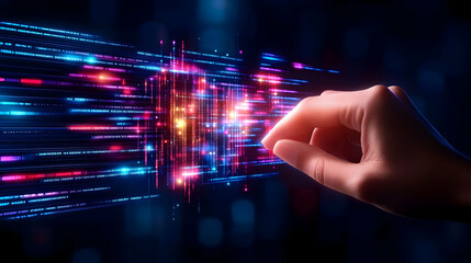 Obraz premium Hand interacts with digital data stream; futuristic tech background; concept for AI, software, or data processing
