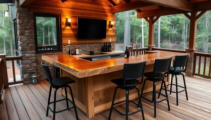 A rustic outdoor bar with a live-edge wood countertop, stone walls, and accent lighting