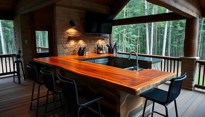 Fototapeta premium A rustic outdoor bar with a live-edge wood countertop, stone walls, and accent lighting