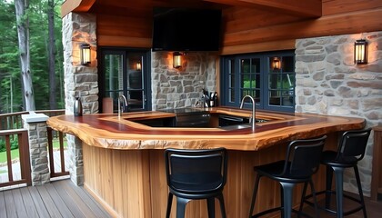 A rustic outdoor bar with a live-edge wood countertop, stone walls, and accent lighting