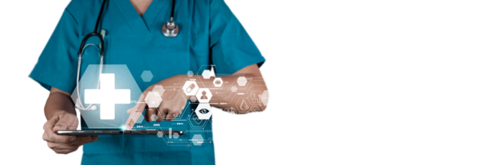 Medical doctor professional uses tablet, futuristic medical icons surrounding, isolated on white background. Concept of healthcare technology. 3D Rendering