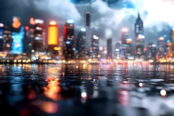 Mesmerizing nighttime cityscape featuring a dramatic skyline of towering skyscrapers reflected in the shimmering waters below