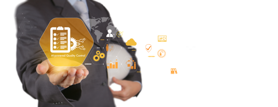 engineer hand interacting with futuristic AI technology icons, displayed in a clean and minimalistic graphic style on a white background. Concept of artificial intelligence machine learning technology