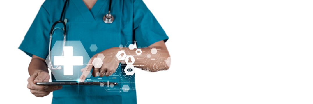 Medical doctor professional uses tablet, futuristic medical icons surrounding, isolated on white background. Concept of healthcare technology. 3D Rendering - Powered by Adobe