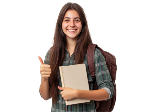 Student expressing happiness while holding a book
