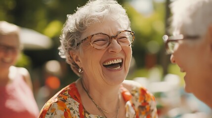 Elderly woman laughing with friends outdoors.