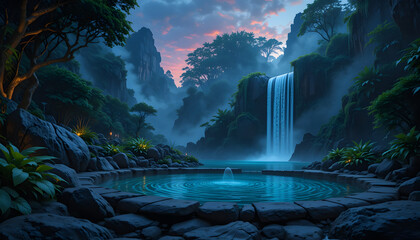 Serene jungle pool with waterfall at dusk.