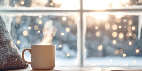 Cozy winter scene with hot drink and snow outside