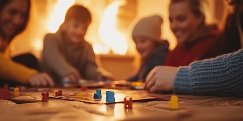 Family enjoys board game by fireplace on cold winter night