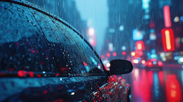 Raindrops on a car window.