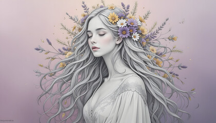 Serene woman with flower crown, flowing silver hair, pastel background.