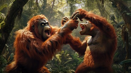Naklejka premium Two orangutans fight in a dense jungle environment.