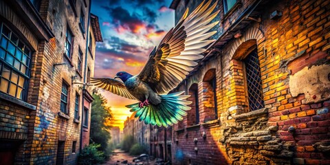 Obraz premium Urban Decay: Bird in Flight, Grunge Graffiti Wall, Industrial Setting