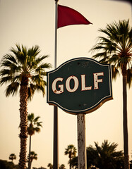Naklejka premium aged and worn vintage photo of golf sign and palm trees, angled photoshot, with white tones