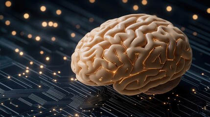 A hyper-realistic digital brain illuminated by glowing lights on a circuit board, representing advanced AI technology and data flow