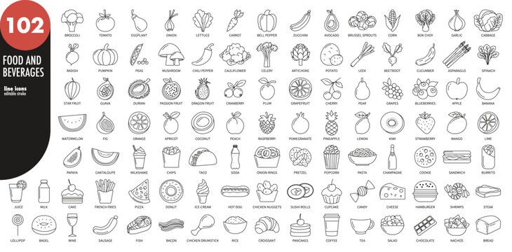 Food and beverages editable stroke thin line icons big set. Fruits, vegetables, fast food, pastry, sweets, meat, drinks, diary, meal, vector illustration