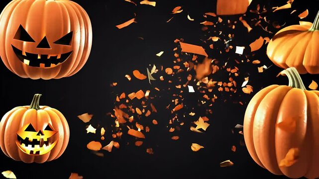 Brightly colored Halloween pumpkins fall slow motion confetti offering loopable 3D animation spooky festive vibe ultra HD