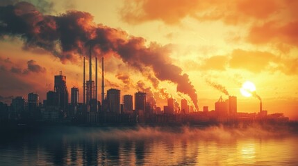 Fototapeta premium Apocalyptic Sunset: Industrial Pollution at Dawn