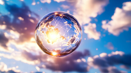 Global network, sunset sky, crystal sphere, connection concept, futuristic technology illustration, website banner
