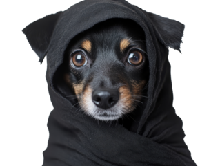 Dog with black hood looks curious and adorable