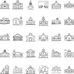 Diverse Architectural Building Icons Schools, Churches, Courts