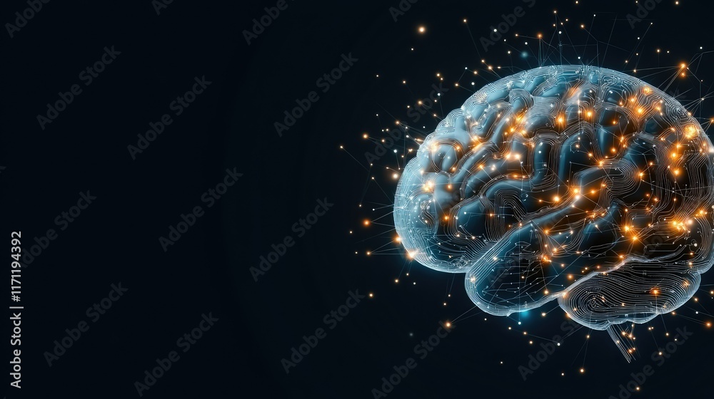 Poster a hyper-realistic digital brain illuminated by glowing lights on a circuit board, representing advan