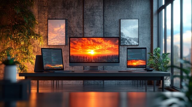 Sunset cityscape displays on modern studio workspace