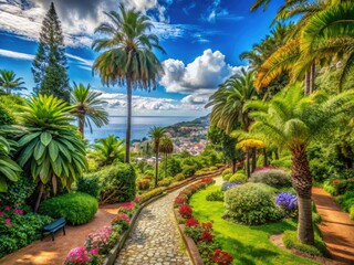 Lush tropical and subtropical plants flourish in Funchal Park's breathtaking Madeira panoramic landscape.