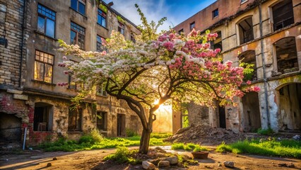 Fototapeta premium Urban Spring Blossom: Abandoned Building & Apple Tree in Bloom