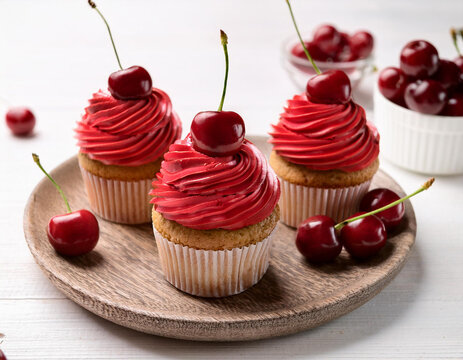 Plate with tasty cherry cupcakes on white wooden - Powered by Adobe