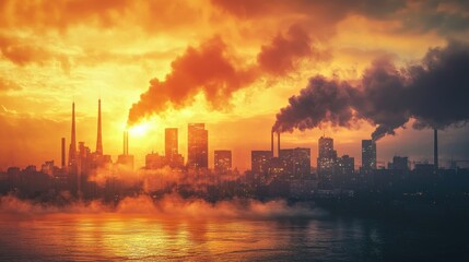 Naklejka premium Apocalyptic Sunset: Industrial Pollution and a City Drenched in Smog