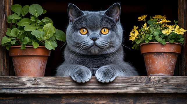 British Shorthair cat with striking yellow eyes rests on wooden ledge, surrounded by vibrant potted plants. Its calm demeanor adds serene touch to scene