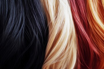 Naklejka premium Strands of Colorful Hair Textures Displaying Black, Blonde, Red, and Auburn Shades on a Smooth Surface for Artistic and Fashionous Inspiration